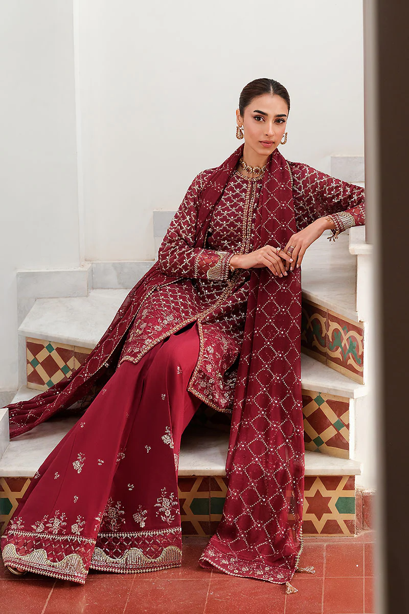 CRIMSON CASCADE-3PC CHIFFON EMBROIDERED PRET - Image 2