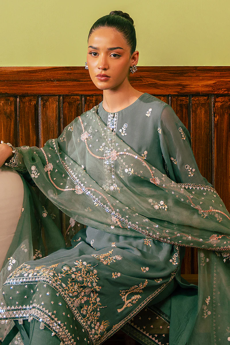 FERN GREEN-4 PIECE EMBROIDERED CHIFFON SUIT - Image 6