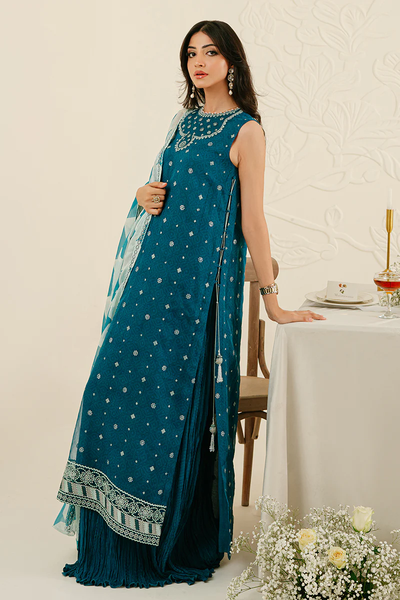 FRECKLE TEAL-4PC ORGANZA EMBROIDERED SUIT - Image 3