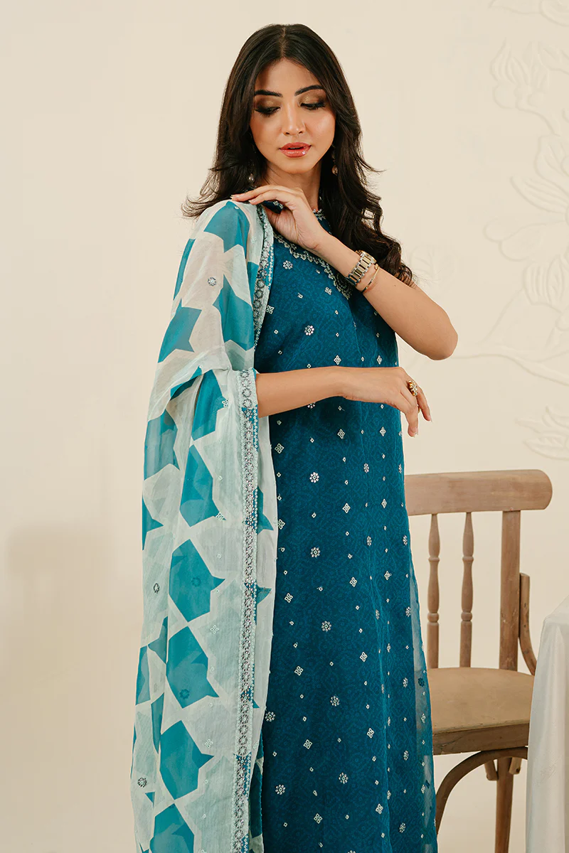 FRECKLE TEAL-4PC ORGANZA EMBROIDERED SUIT - Image 4