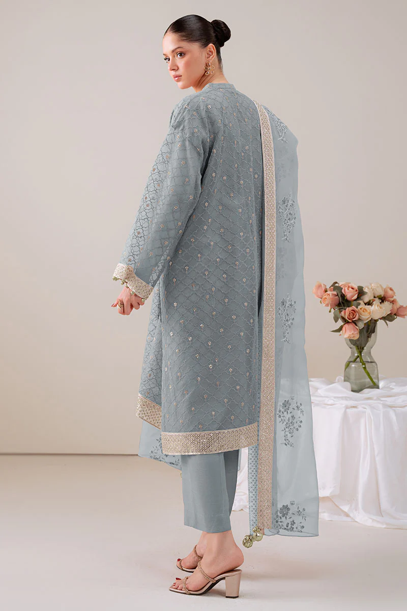 GOSSAMER GREEN-4PC ORGANZA EMBROIDERED SUIT - Image 7
