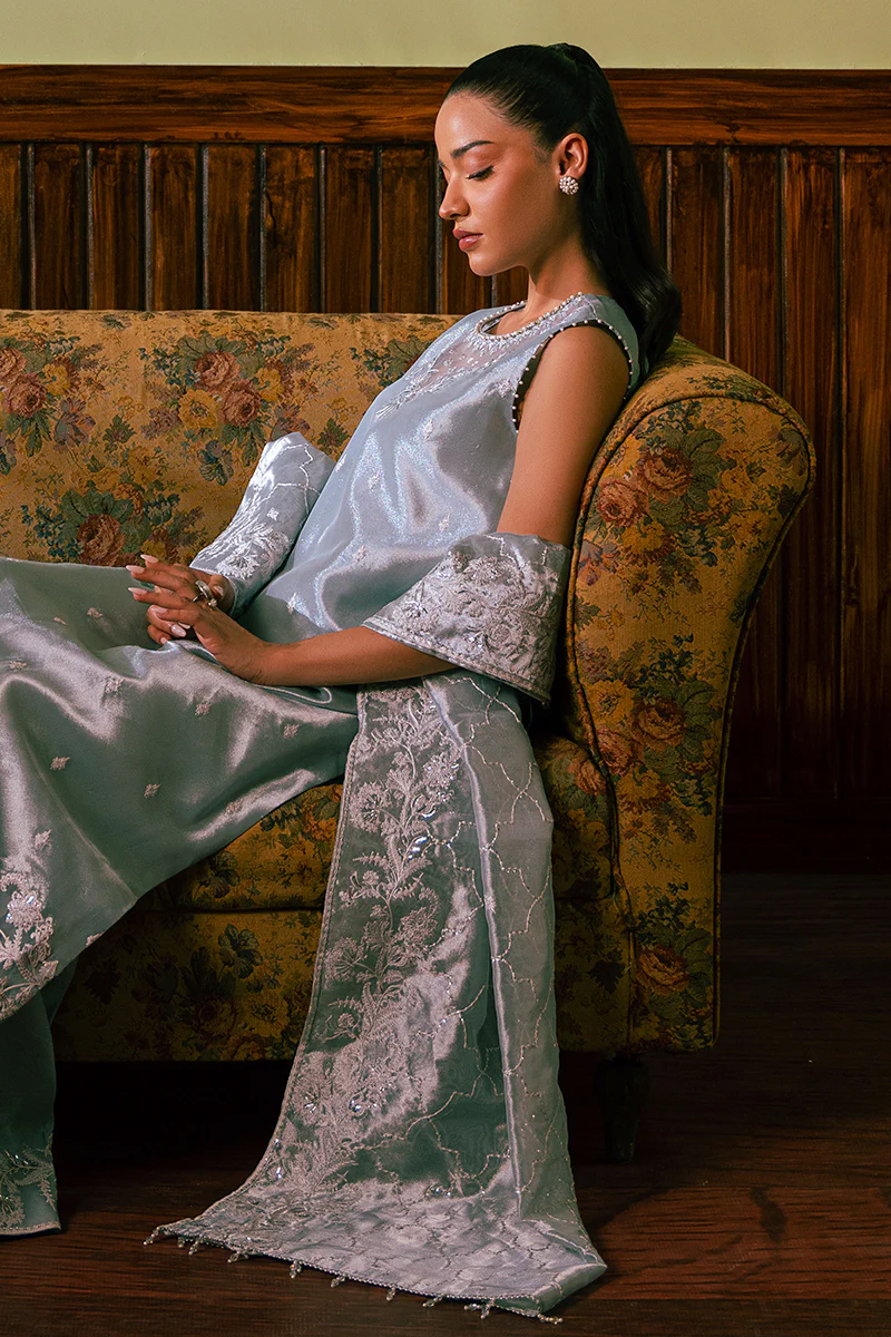 HAZY BLUE-4 PIECE EMBROIDERED ZARI SUIT - Image 8