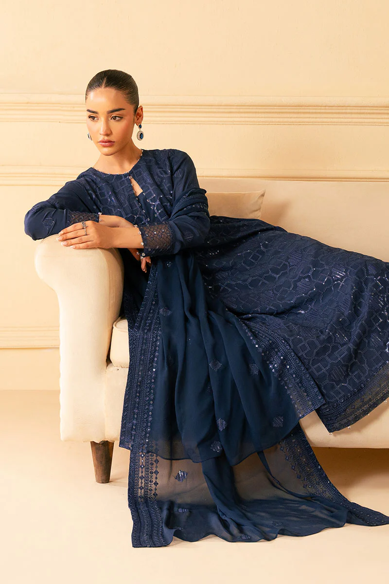 INDIGO BLUE-4 PIECE EMBROIDERED CHIFFON SUIT - Image 3