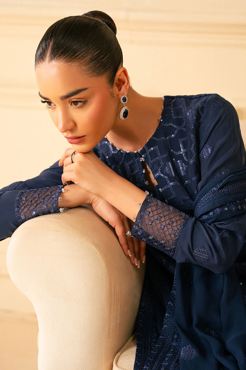 INDIGO BLUE-4 PIECE EMBROIDERED CHIFFON SUIT - Image 4