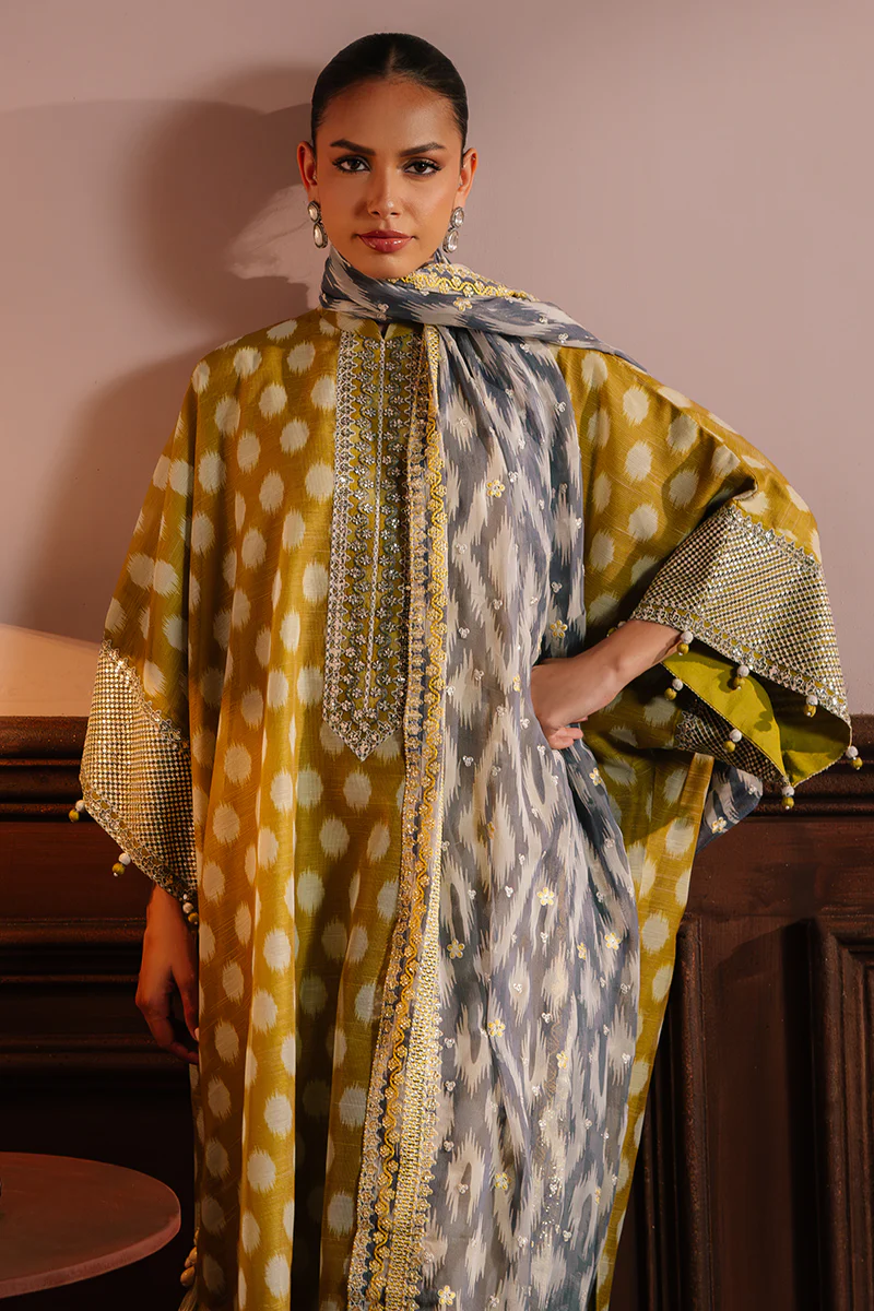 OLIVE DRAB-4PC NET EMBROIDERED SUIT - Image 3