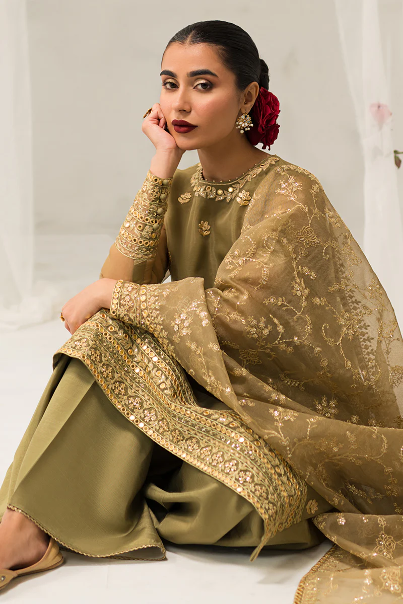 OLIVE GLEAM-4 PIECE EMBROIDERED ORGANZA SUIT - Image 6