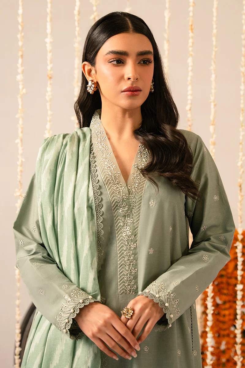 SAGE GREEN-3 PIECE EMBROIDERED LAWN SUIT - Image 6