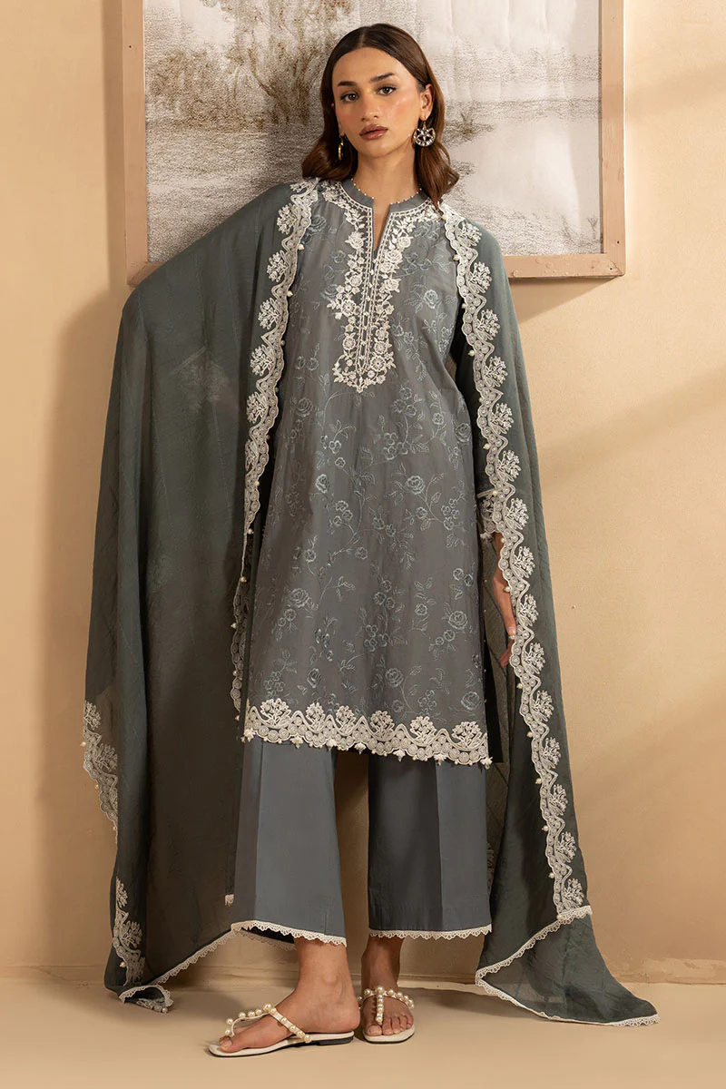 SOFT GRAPHITE- 3PC EMBROIDERED LAWN SUIT - Image 5