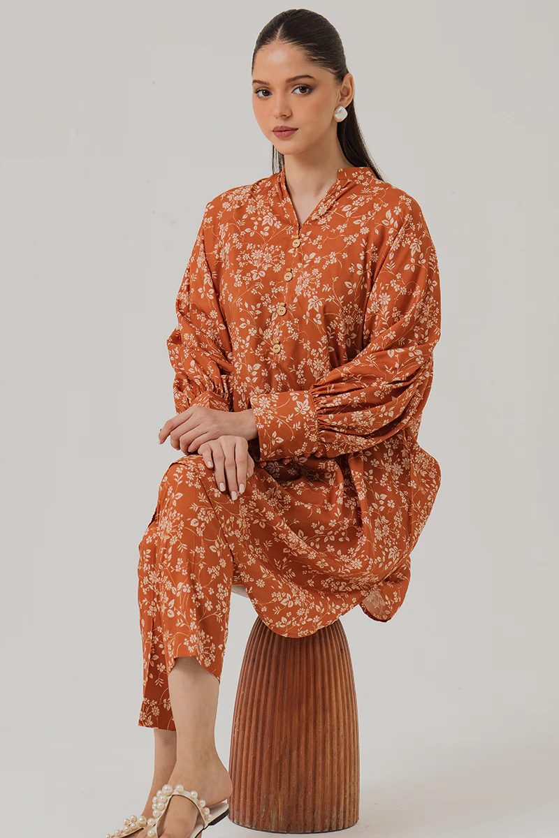 RUST FLORA-2 PIECE LINEN PRINTED SUIT - Image 2