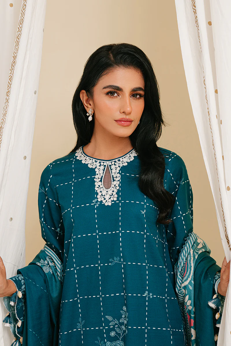 TEAL LATTICE-3PC KHADDAR PRINTED SUIT - Image 4