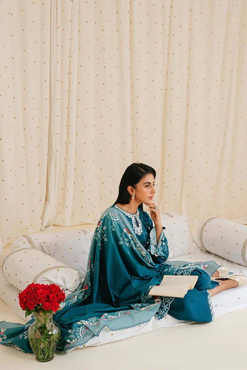 TEAL LATTICE-3PC KHADDAR PRINTED SUIT - Image 5